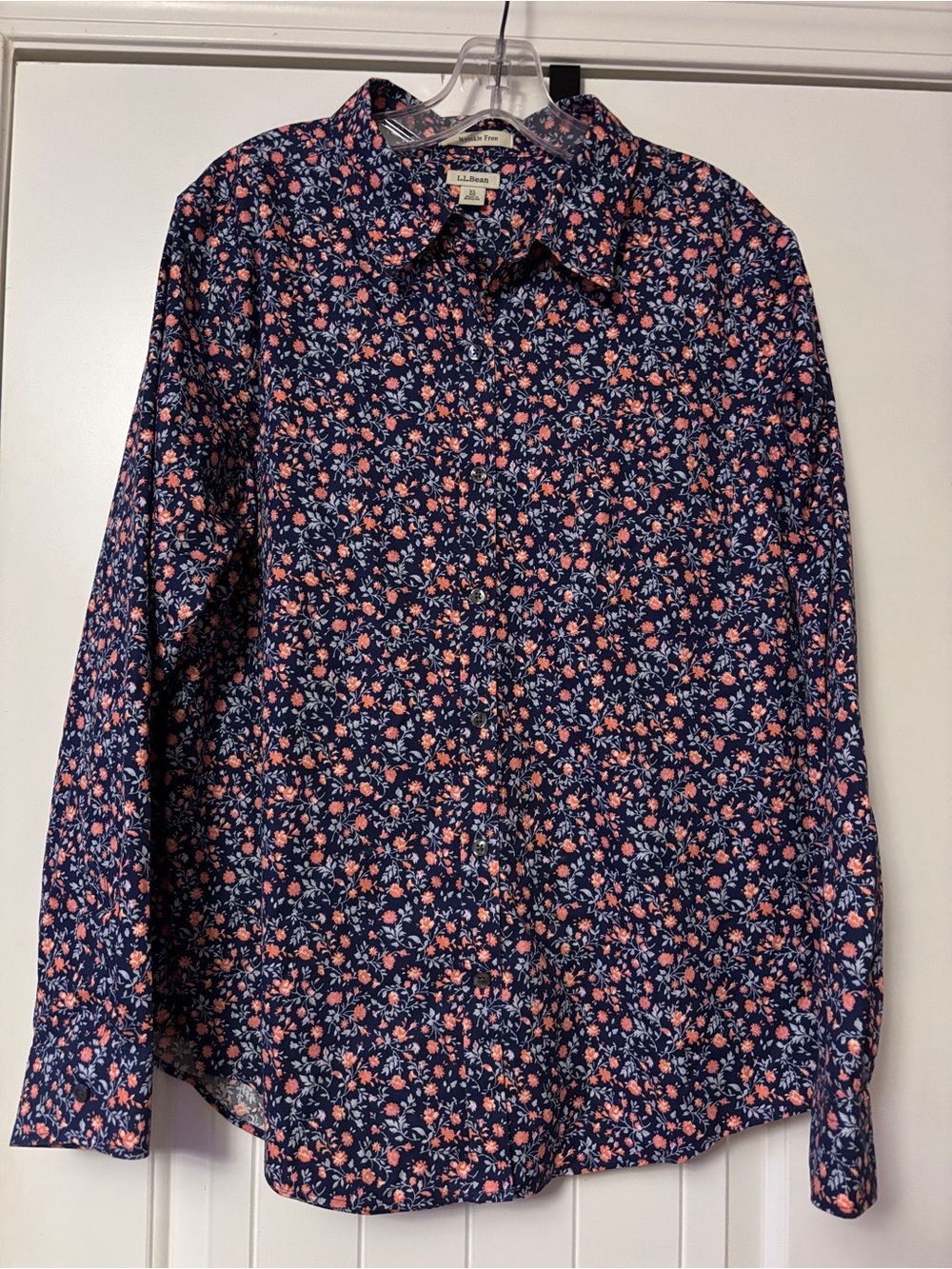 L.L. Bean Navy Button-Down Shirt with Pink Floral Print XL